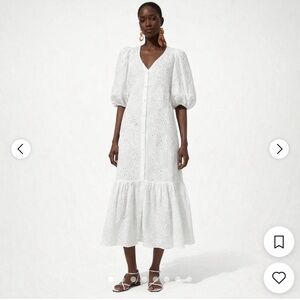 Zara cotton white Embroidery Midi Dress Puff Sleeve Ruffle Eyelet Button